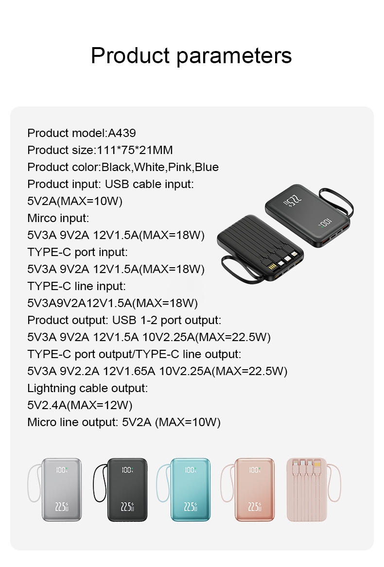 power bank with built-in cables parameters
