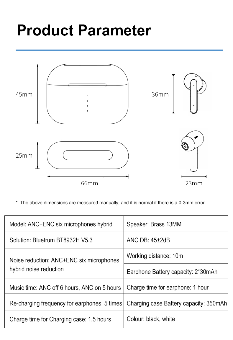 Noise-Cancelling Wireless Bluetooth Earphone parameters