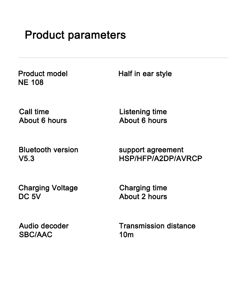 Wireless Semi-in-Ear Design Bluetooth Earphones parameters