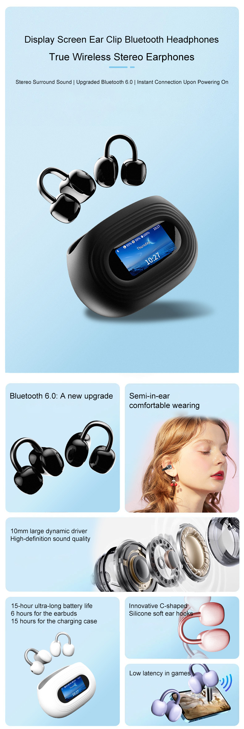 display screen ear clip Bluetooth earphones