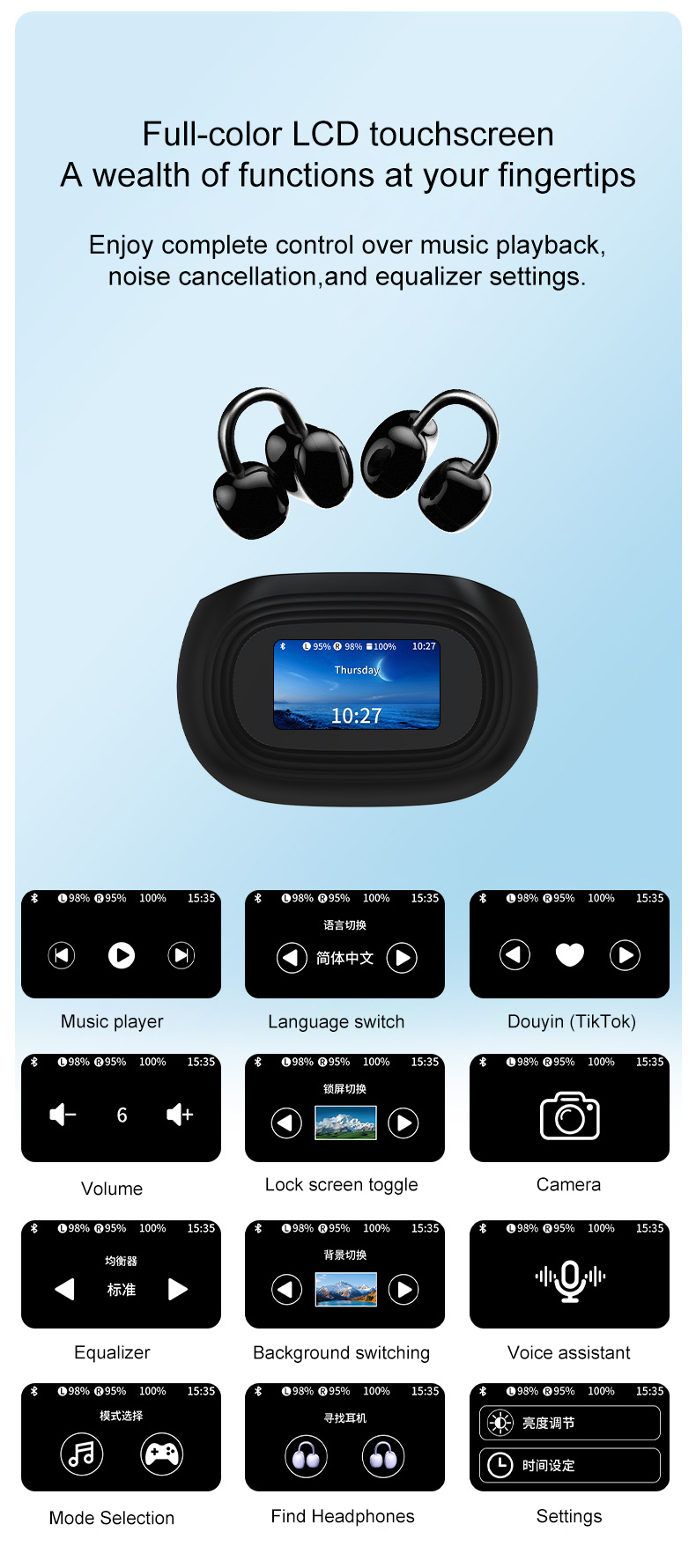 full color LCD touchscreen in Bluetooth earphones