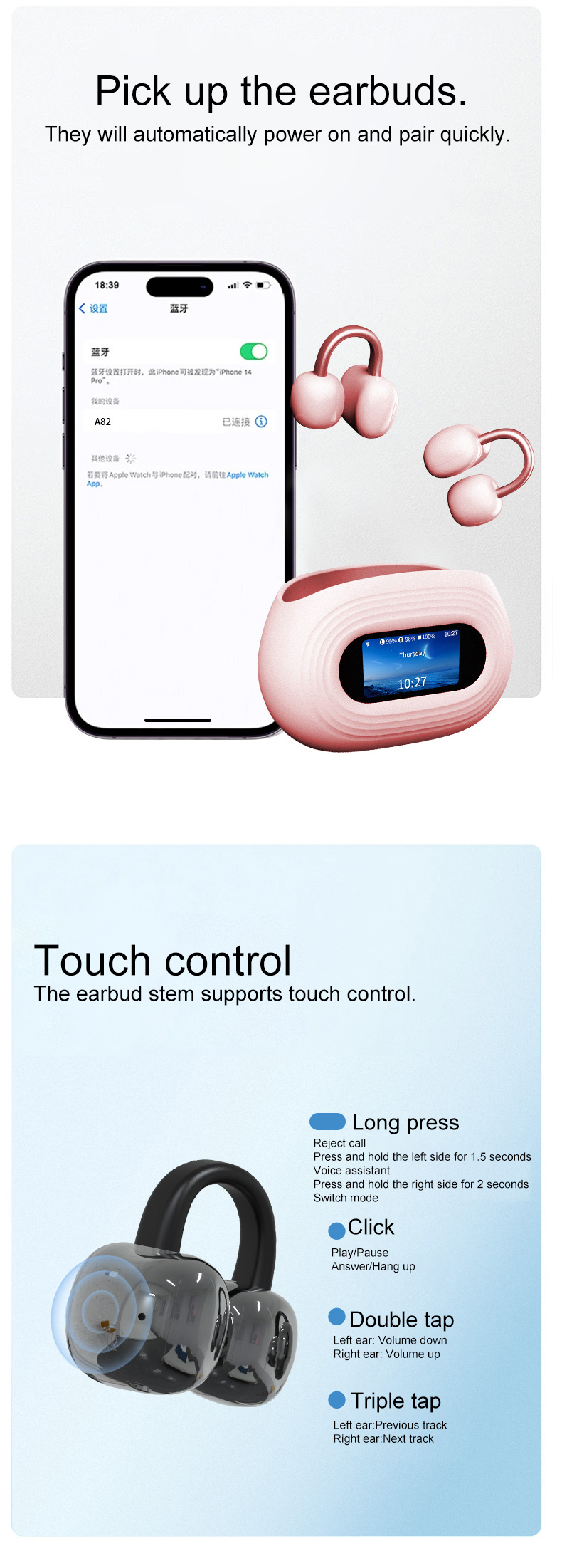 touch control Bluetooth earphones