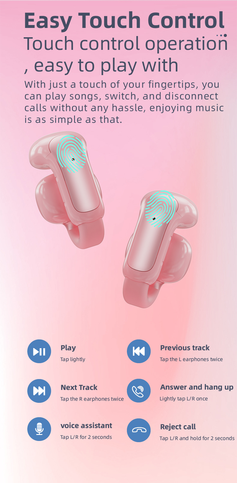 easy touch control wireless Bluetooth earphones