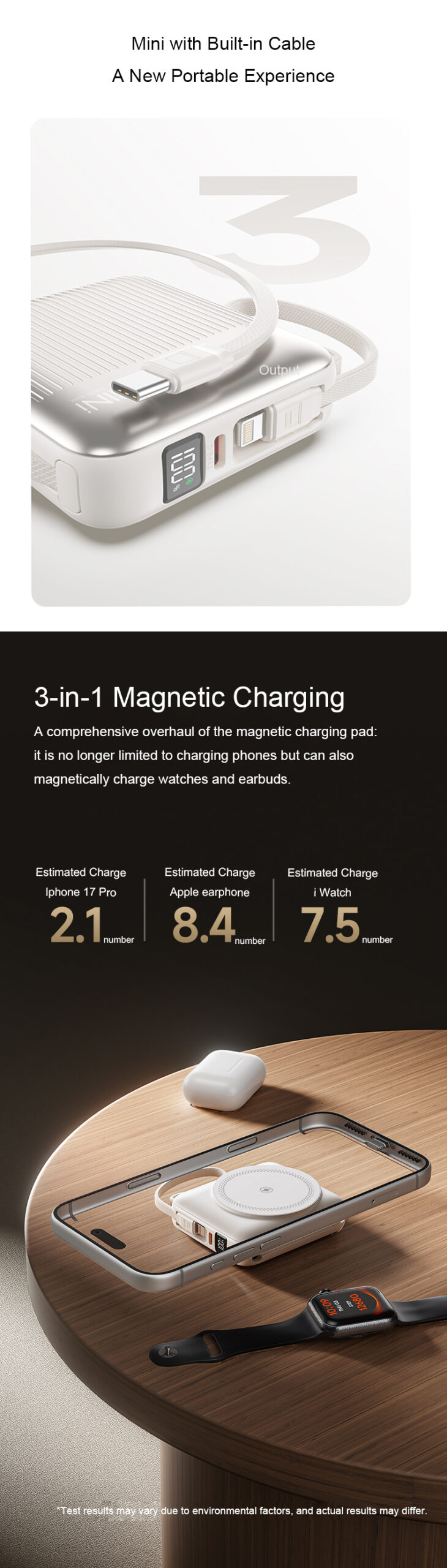 Mini 3-in-1 power bank with Built-in Cable