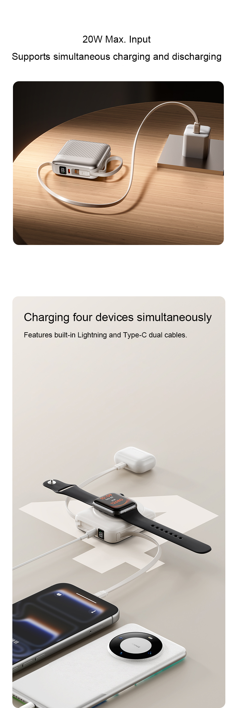 20W Max. Input Supports simultaneous charging and discharging
