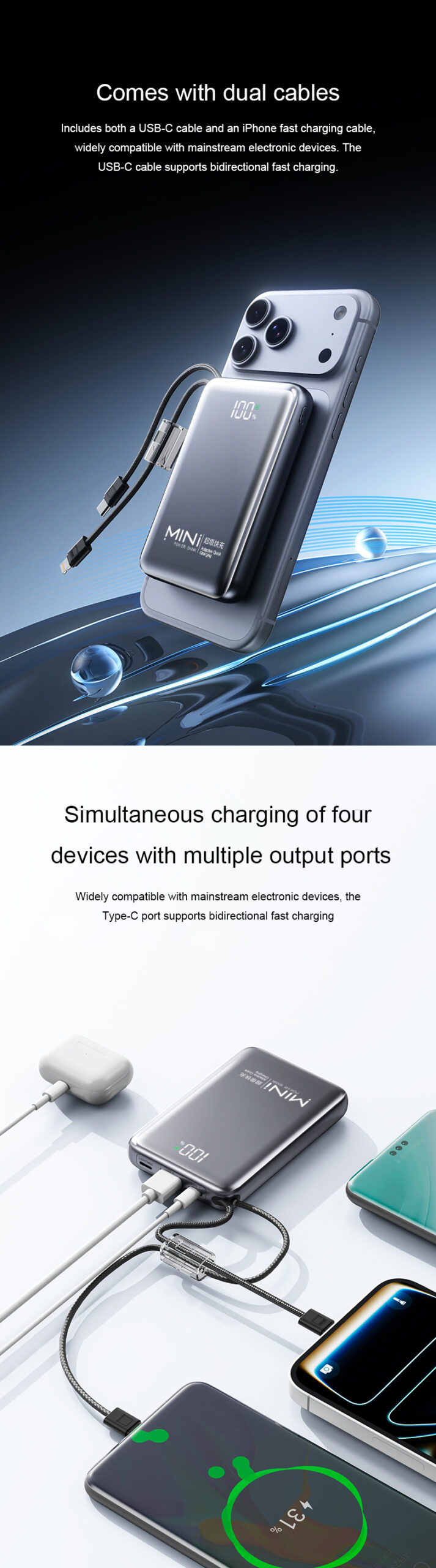 10000mAh mini power bank simultaneous charging of fourdevices with multiple output ports