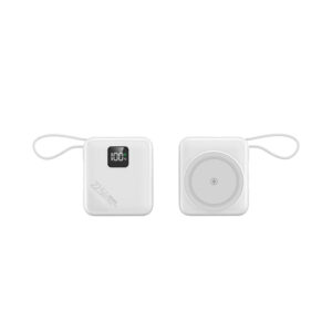 white magnetic power bank with built-in cable