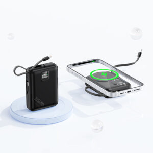black magnetic power bank with built-in cable display