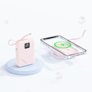pink magnetic power bank with built-in cable display