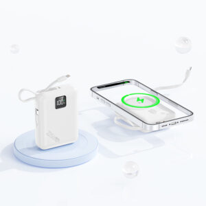 white magnetic power bank with built-in cable display