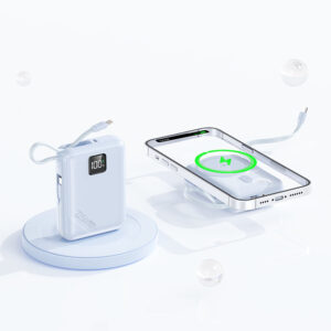 blue magnetic power bank with built-in cable display