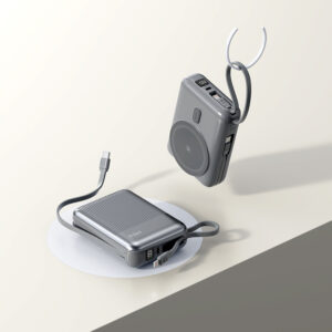 deep-grey power bank with built-in cable