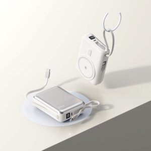 white-grey power bank with built-in cable