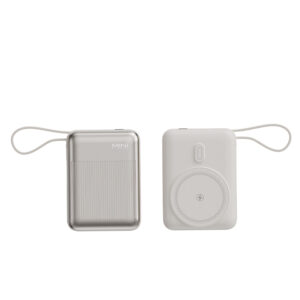 15W white-grey power bank with built-in cable