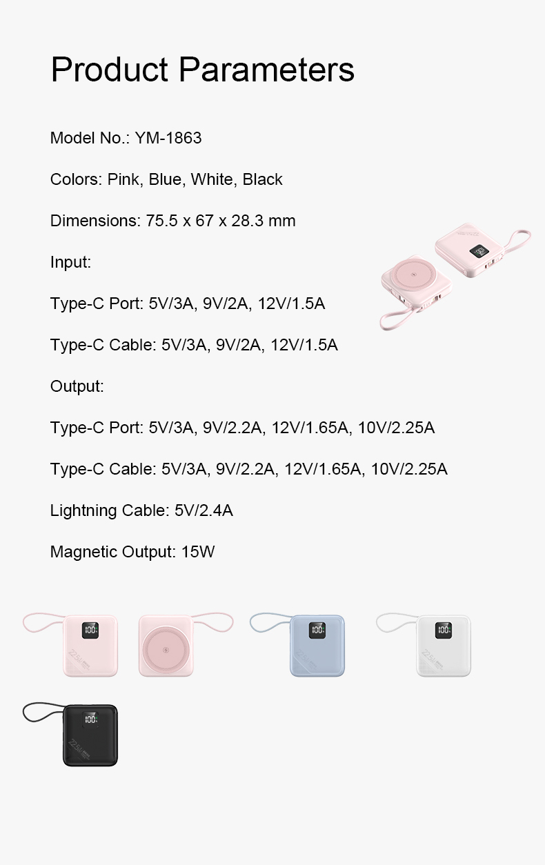 small sized 75.5*67*28.3mm magnetic fast-charging power bank parameters