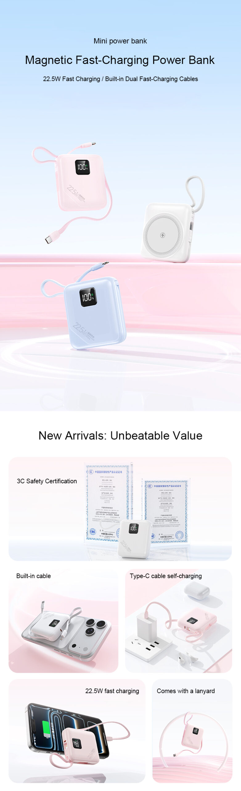 Power Bank Built-in Lightning and Type-C cables