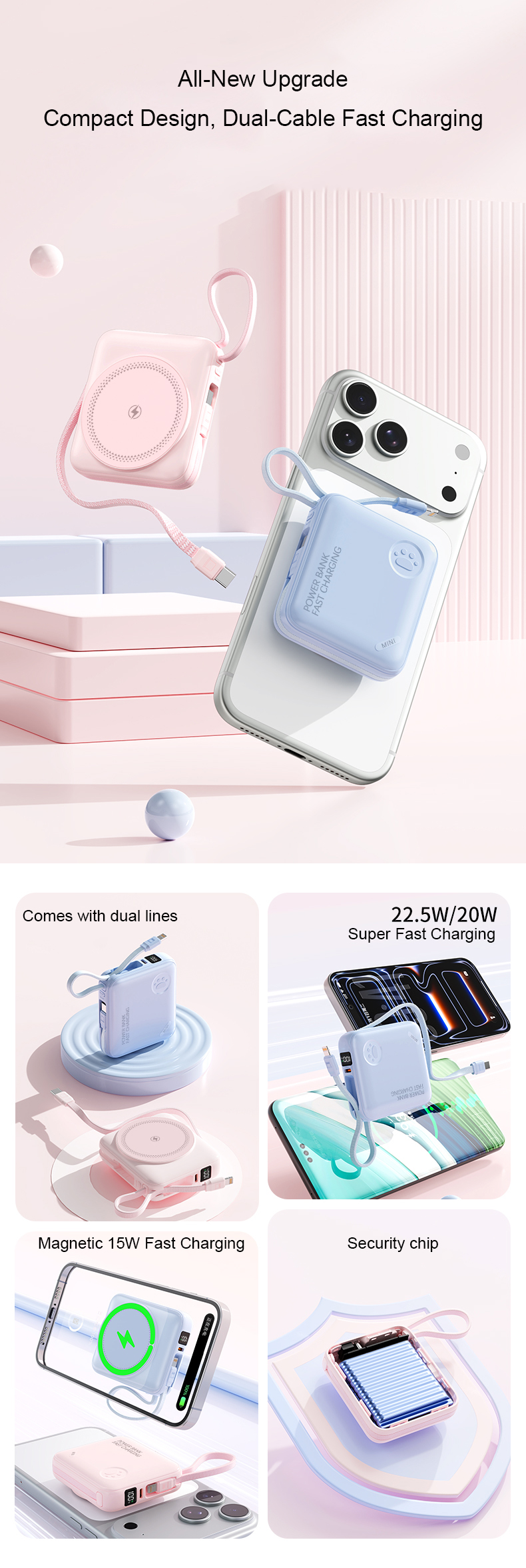 Compact Design Dual-Cable Fast Charging Power Bank