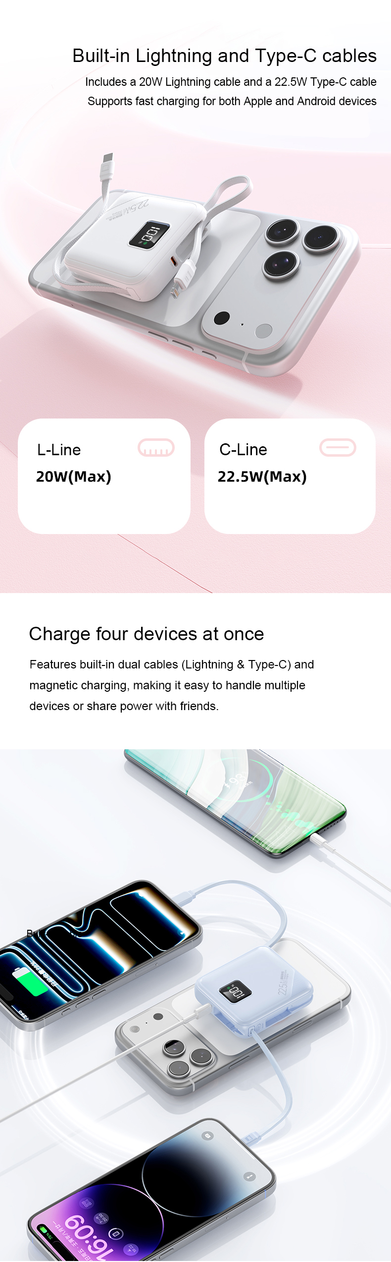22.5W Type-C cable Supports fast charging for both Apple and Android devices
