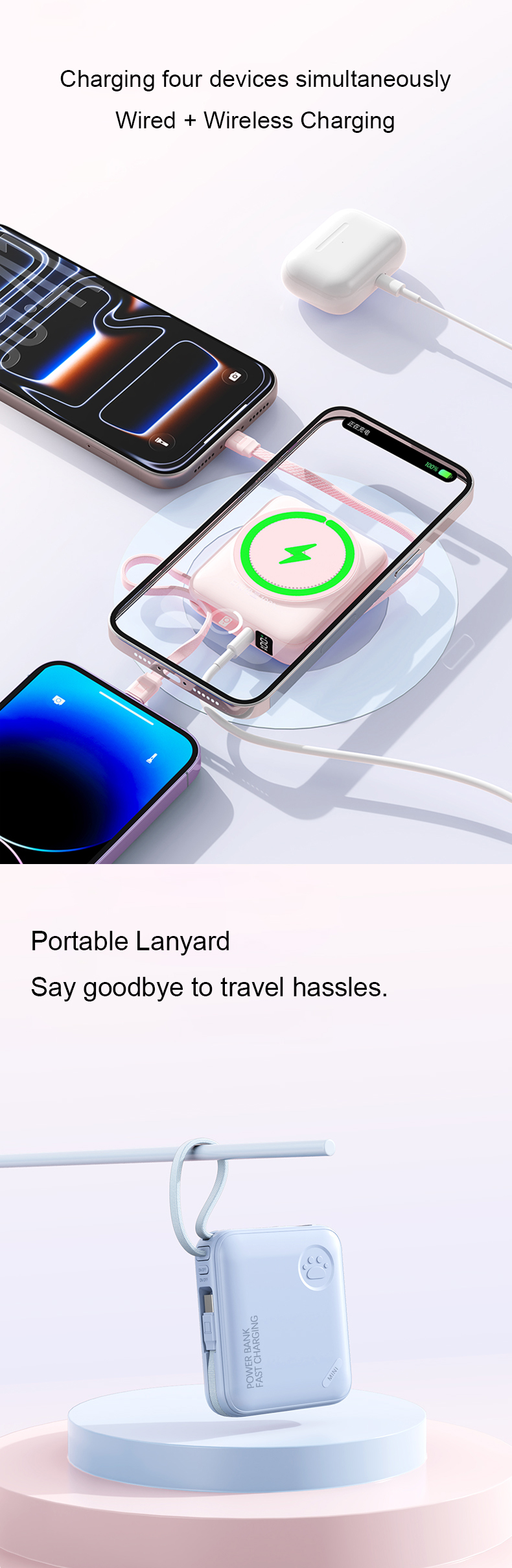 Charging four devices simultaneouslyWired + Wireless Charging
