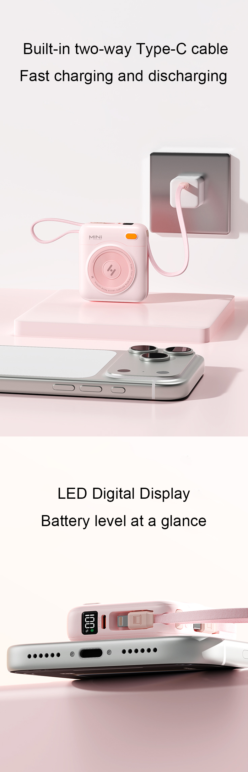 Built-in two-way Type-C cableFast charging and discharging